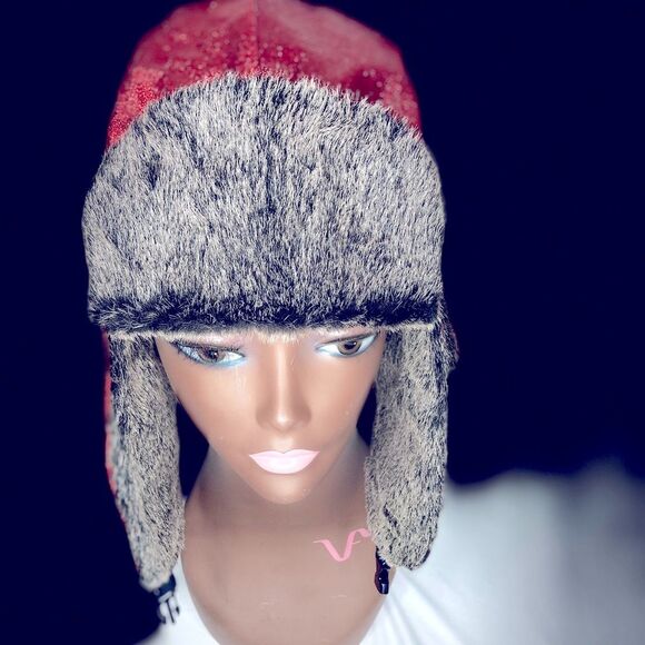 Glitter Faux Fur Trapper Hat Red - Picture 4 of 8